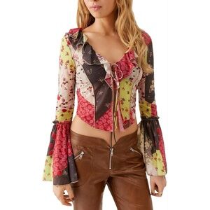 Urban Outfitters Boho Patchwork Ruffle Tie Blouse (fits a small)